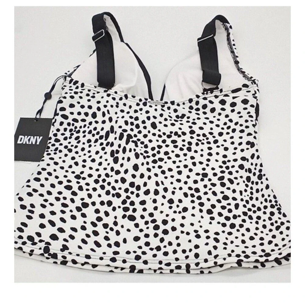 DKNY Tankini Top Womens Spotted Print V-neck Swim Top White Black‎ Large NWT - Picture 7 of 8